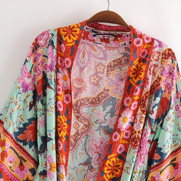 Boho Gypsy Red Floral Print Belted Kimono Cover up Beach - Picture 6 of 9